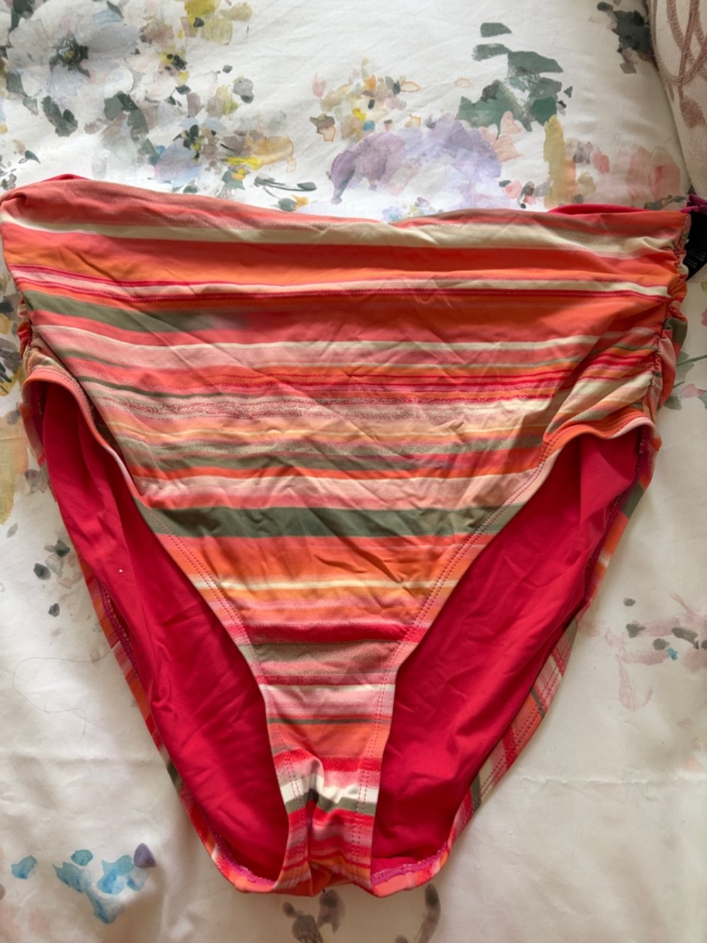 Coco Reef Striped High-Waist Swim Bottoms in Coral, Pink, Olive